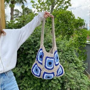 Stylish Blue and Cream Crochet Bag